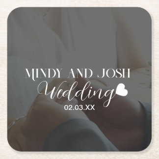 Elegant Script Heart Photo  Square Paper Coaster