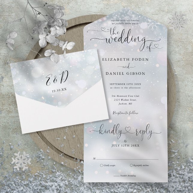 Elegant Script Hearts Minimalist Winter Wedding All In One Invitation (Elegant Script Hearts Minimalist Winter Wedding All In One Invitation)