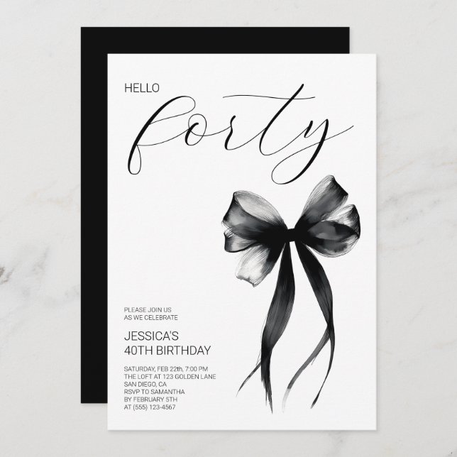 Elegant Script Hello Forty Bow 40th Birthday Party Invitation (Front/Back)