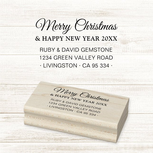 Elegant Script Holiday Return Address  Rubber Stamp (Modern and elegant classic script Merry Christmas & Happy New Year return address rubber stamp.)