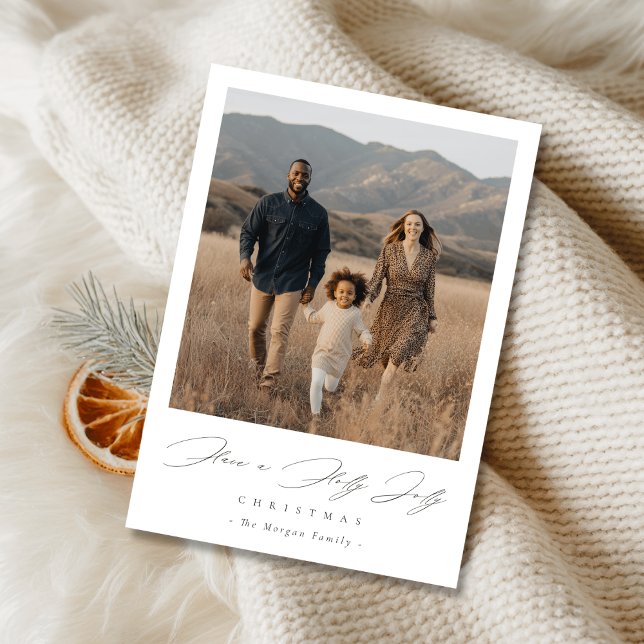 Elegant Script Holly Jolly Christmas Rustic Photo Holiday Card (Creator Uploaded)
