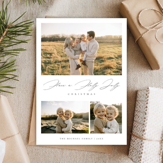 Elegant Script Holly Jolly Christmas Rustic Photo Holiday Card (Creator Uploaded)