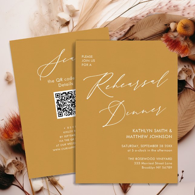 Elegant Script Honey Gold Rehearsal Dinner QR Invitation (Creator Uploaded)
