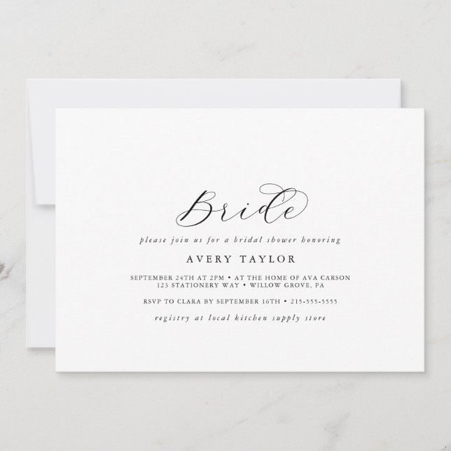 Elegant Script Horizontal Bride Bridal Shower Invitation (Front)