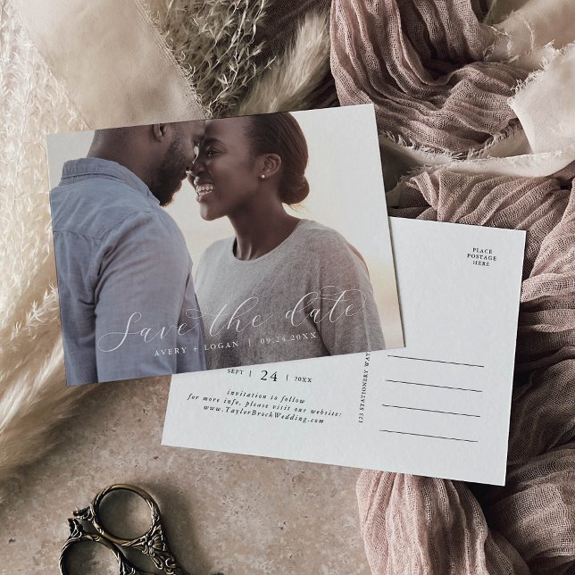 Elegant Script Horizontal Dark Photo Save the Date Invitation Postcard (Creator Uploaded)
