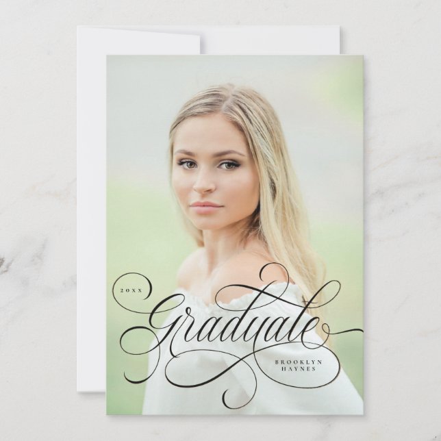 Elegant script in black on single photo graduation invitation (Front)