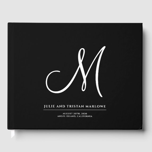 Elegant Script Initial Wedding Monogram Black  Guest Book (Front)