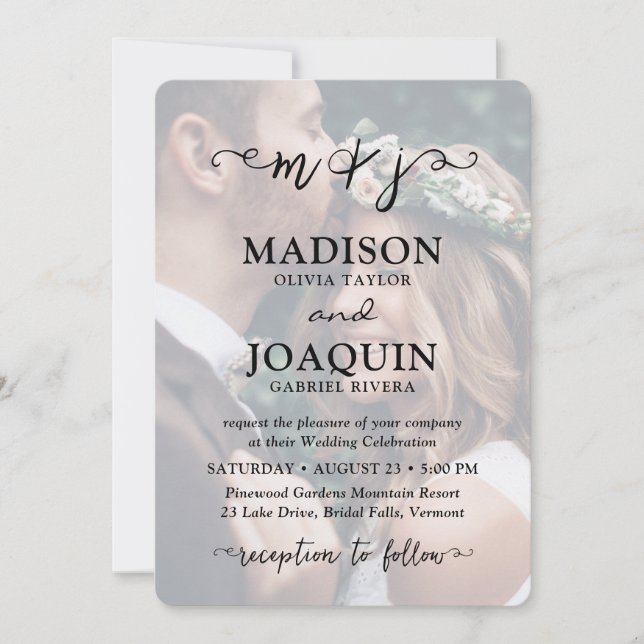 Elegant Script Initials 2 Photo Simple Wedding Invitation (Front)