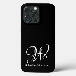 Elegant script initials and name solid black white iPhone 13 pro case