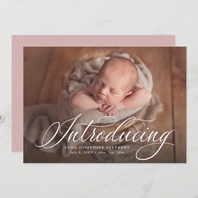 Elegant script introducing one photo pink birth announcement (Front/Back)
