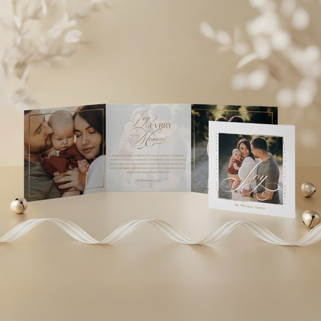 Elegant Script Joy in Every Moment Photo Collage Tri-Fold Holiday Card (Elegant Script Joy in Every Moment Photo Collage Tri-Fold Holiday Card (Inside Fold & Front Cover))