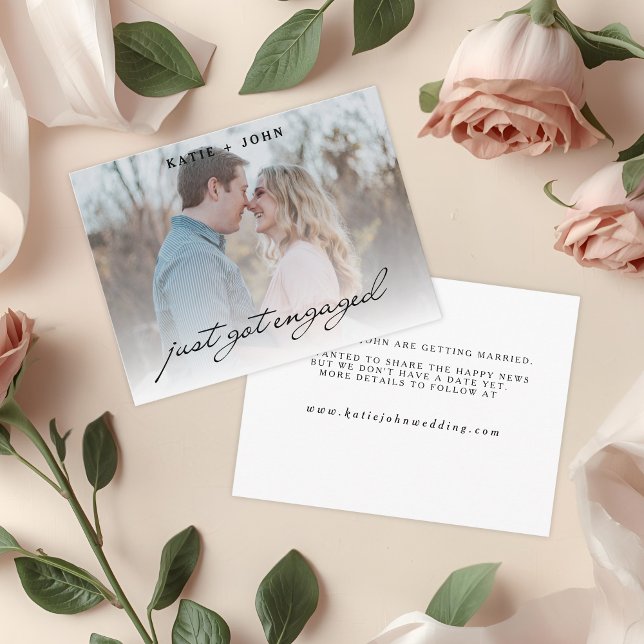Elegant Script Just Got Engaged Photo Engagement Announcement Postcard (Creator Uploaded)