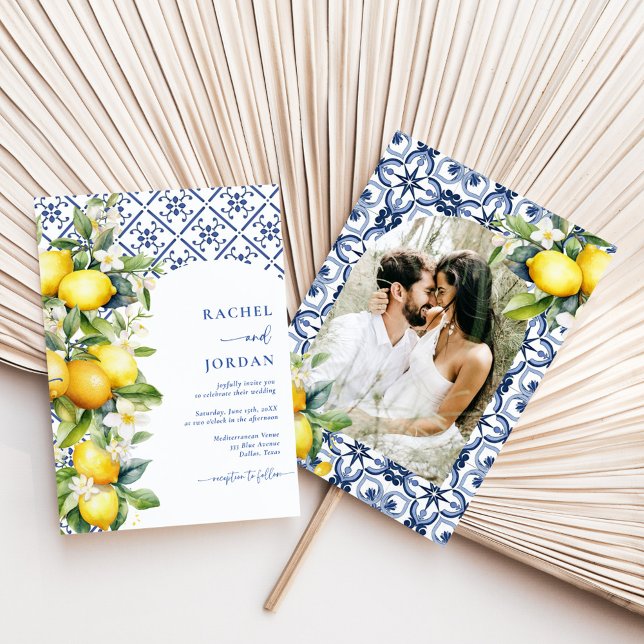Elegant Script Lemon Mediterranean Photo Wedding Invitation (Creator Uploaded)