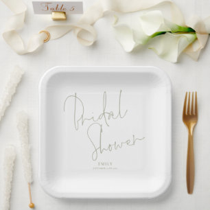 Elegant Script Light Sage Name Bridal Shower Paper Plate
