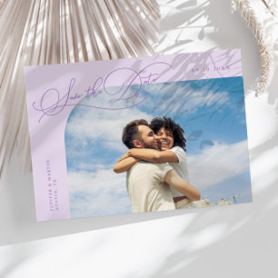 Elegant Script Lilac Curved Frame Photo Save The Date