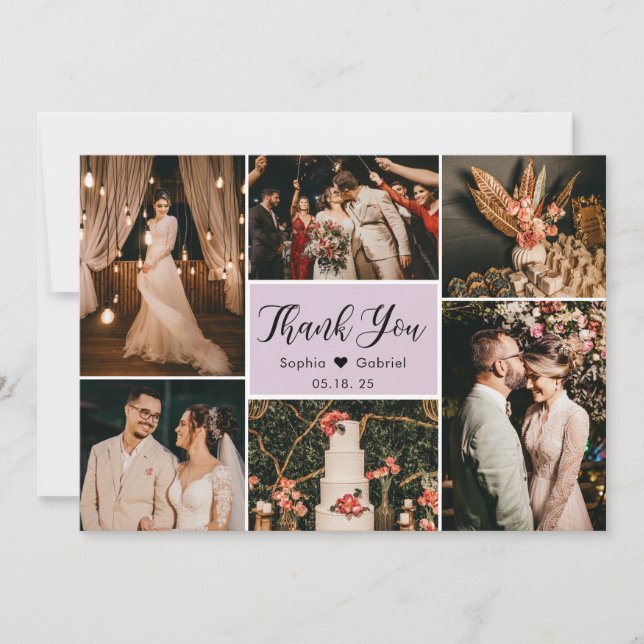 Elegant Script Lilac Wedding Multi Photo Collage Thank You Card (Front)