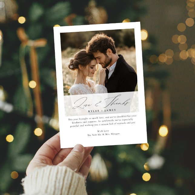 Elegant Script Love and Thanks Newlywed Photo Holiday Card (Creator Uploaded)
