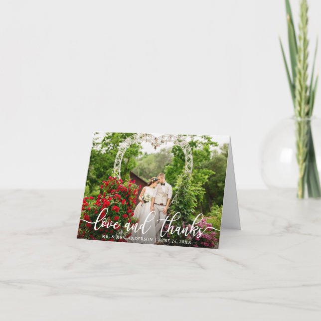 Elegant Script Love and Thanks  Wedding Photo Note Card (Front)