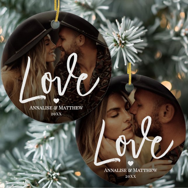 Elegant Script Love Heart Two Photo Ceramic Ornament (Elegant Script Love Heart Two Photo Ceramic Ornament )