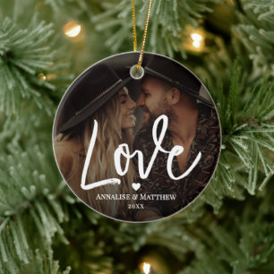 Elegant Script Love Heart Two Photo Ceramic Ornament