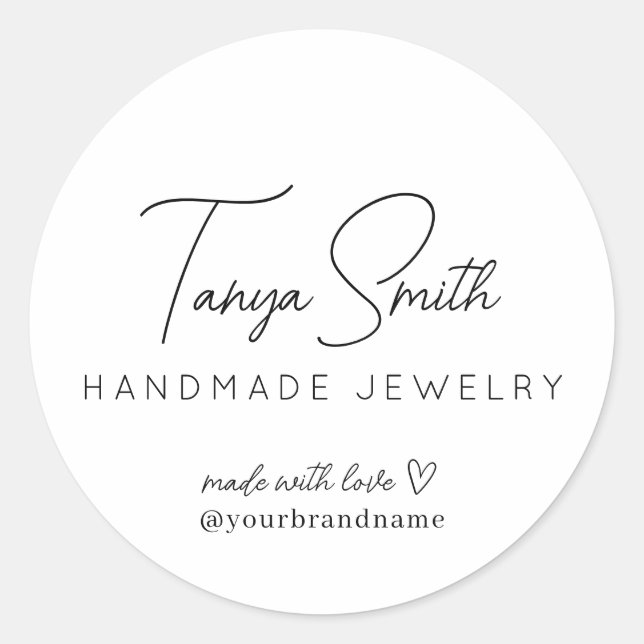 Elegant Script Made Love Heart Jewellery Business Classic Round Sticker (Front)