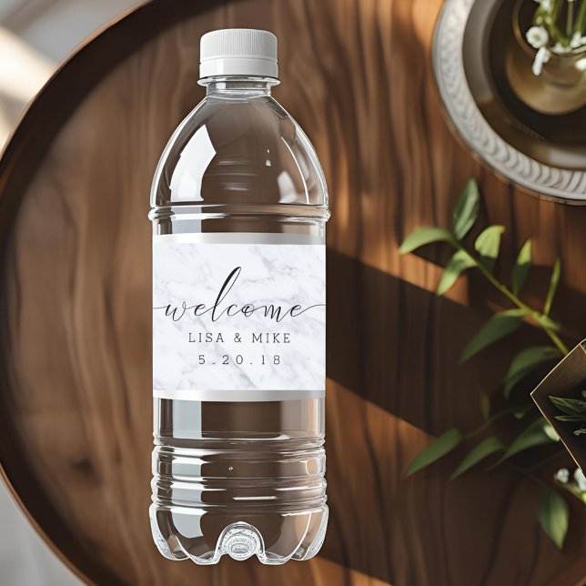 Elegant Script Marble Welcome Wedding Water Bottle Label (Creator Uploaded)