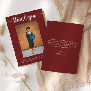 Elegant Script Maroon Graduation Photo Thank You Card