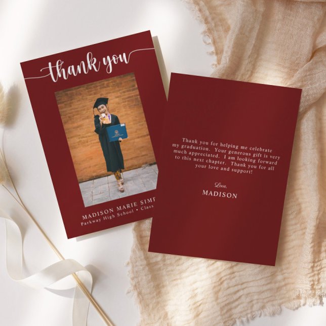Elegant Script Maroon Graduation Photo Thank You Card (Creator Uploaded)