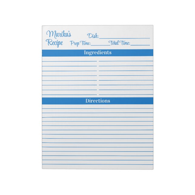Elegant Script Medium Blue 8.5x11 Portrait Recipes Notepad (Rotated)