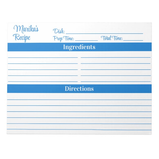 Elegant Script Medium Blue 8.5x11 Recipes Notepad (Front)