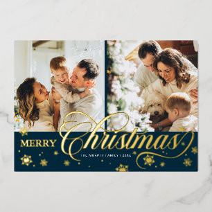 Elegant Script 'Merry Christmas' 2 Photo Gold Foil Foil Holiday Card