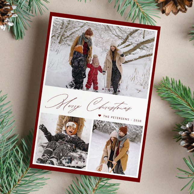 Elegant script Merry Christmas 3 photo collage  Holiday Card (Creator Uploaded)