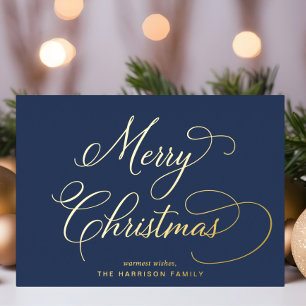 Elegant Script Merry Christmas Blue Foil Holiday Card