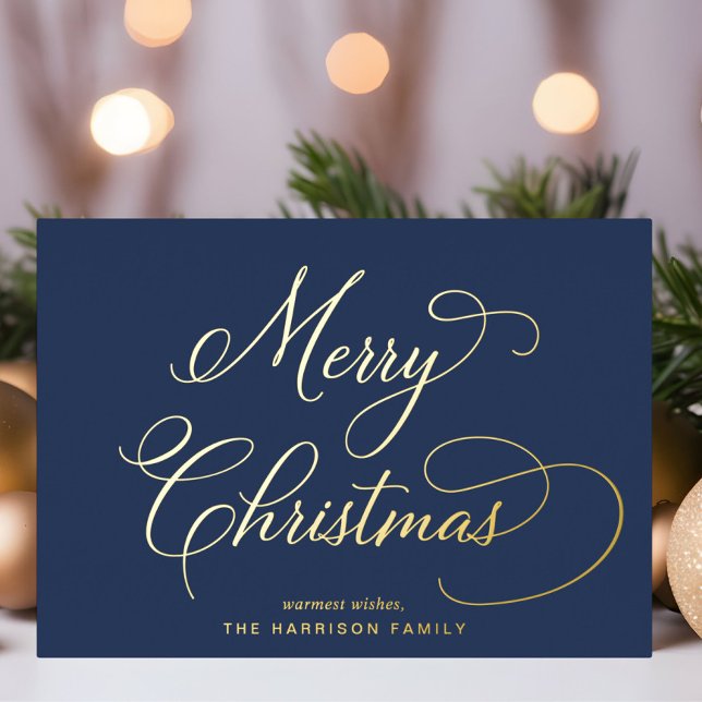 Elegant Script Merry Christmas Blue Foil Holiday Card (Creator Uploaded)