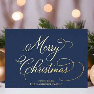 Elegant Script Merry Christmas Blue Photo Foil Holiday Card