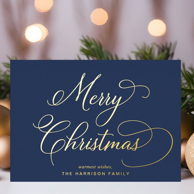 Elegant Script Merry Christmas Blue Photo Foil Holiday Card (Creator Uploaded)