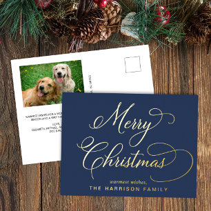 Elegant Script Merry Christmas Blue Photo Foil Holiday Postcard