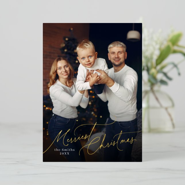 Elegant Script Merry Christmas Family Photo Foil Holiday Card (Standing Front)