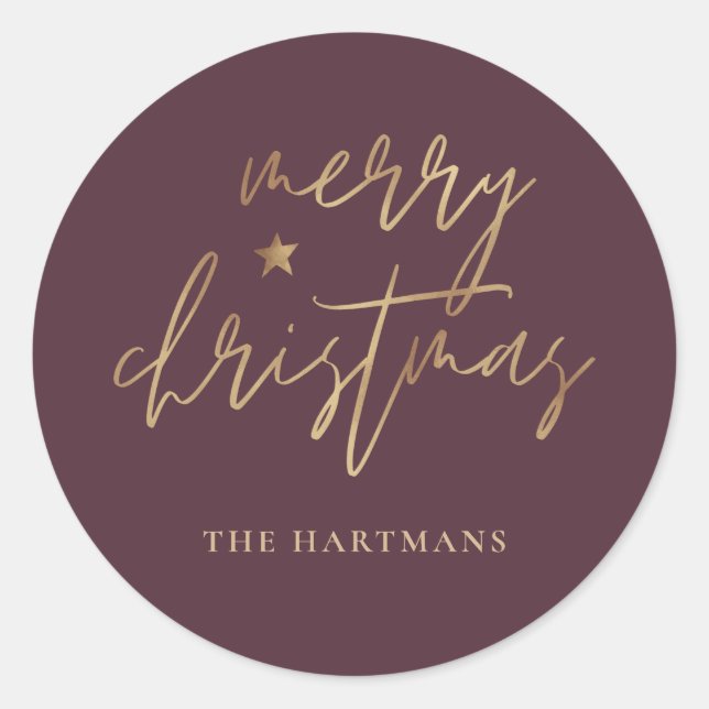 Elegant Script Merry Christmas Gold Star Burgundy Classic Round Sticker (Front)