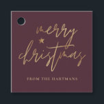 Elegant Script Merry Christmas Gold Star Burgundy Favour Tags<br><div class="desc">These stylish Christmas gift tags feature elegant typography reading,  "Merry Christmas" in faux gold foil,  along with a little star accent. The background colour can be customised to any colour you'd like! The back contains faux gold foil stripes. Great for use as holiday gift tags or party favour tags!</div>