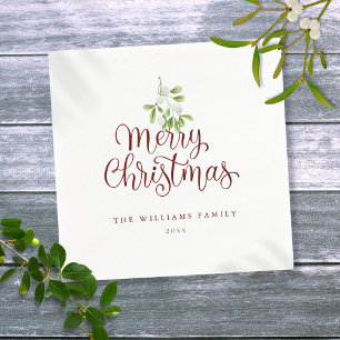 Elegant Script Merry Christmas Mistletoe Holiday Napkin