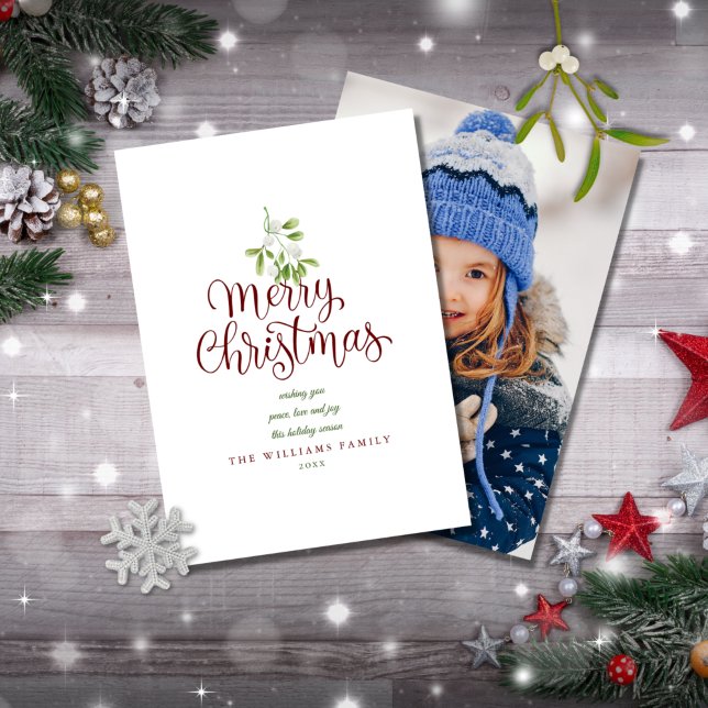 Elegant Script Merry Christmas Mistletoe Photo Holiday Card (Creator Uploaded)