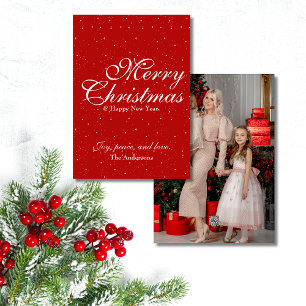 Elegant Script Merry Christmas  One Photo  Red Holiday Card