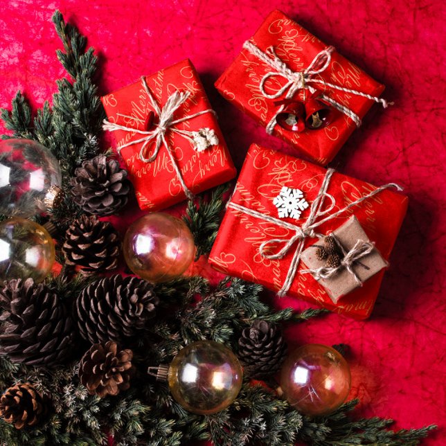 Elegant Script Merry Christmas Pattern/ Red & Gold Wrapping Paper Sheet (Creator Uploaded)