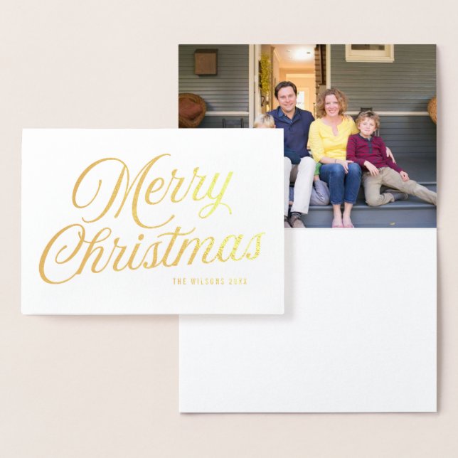 Elegant Script Merry Christmas with Photo Foil Card (Display)