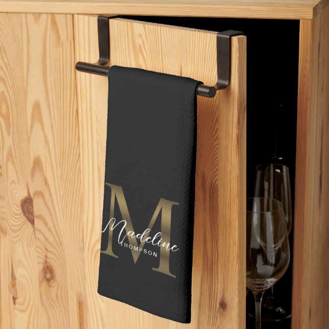 Elegant Script Metallic Black and Gold Monogram Tea Towel (Thirds Fold)