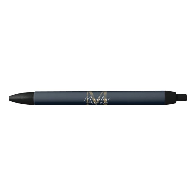Elegant Script Metallic Navy Blue Gold Monogram Black Ink Pen (Front)
