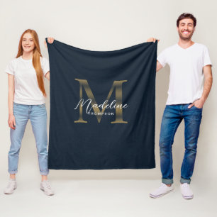 Elegant Script Metallic Navy Blue Gold Monogram Fleece Blanket