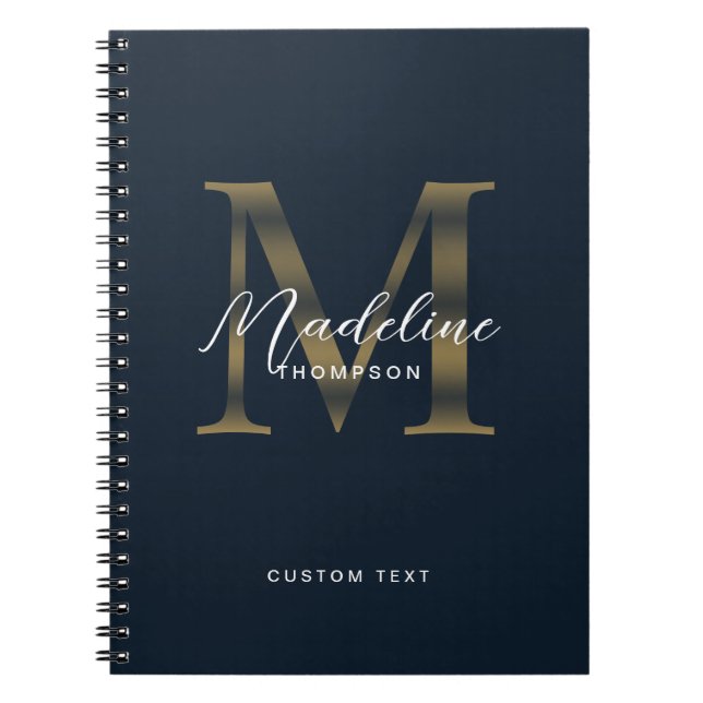 Elegant Script Metallic Navy Blue Gold Monogram Notebook (Front)