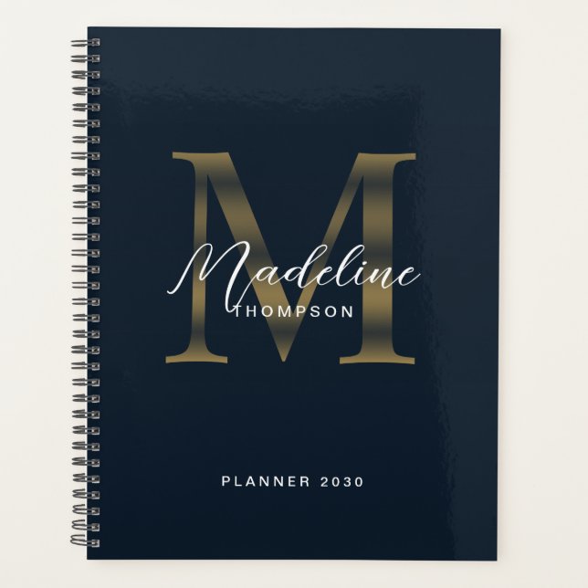 Elegant Script Metallic Navy Blue Gold Monogram Planner (Front)